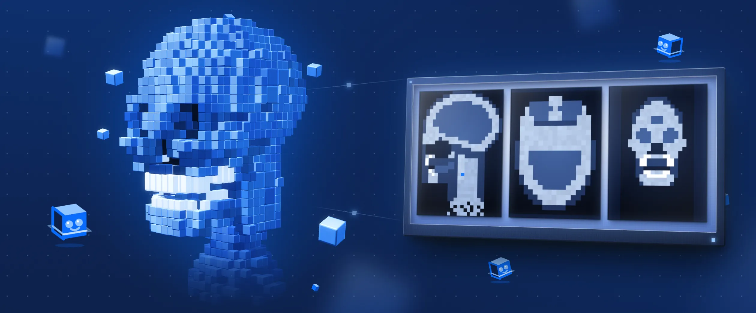 A skull built from blue voxels beside three slices on a light board.